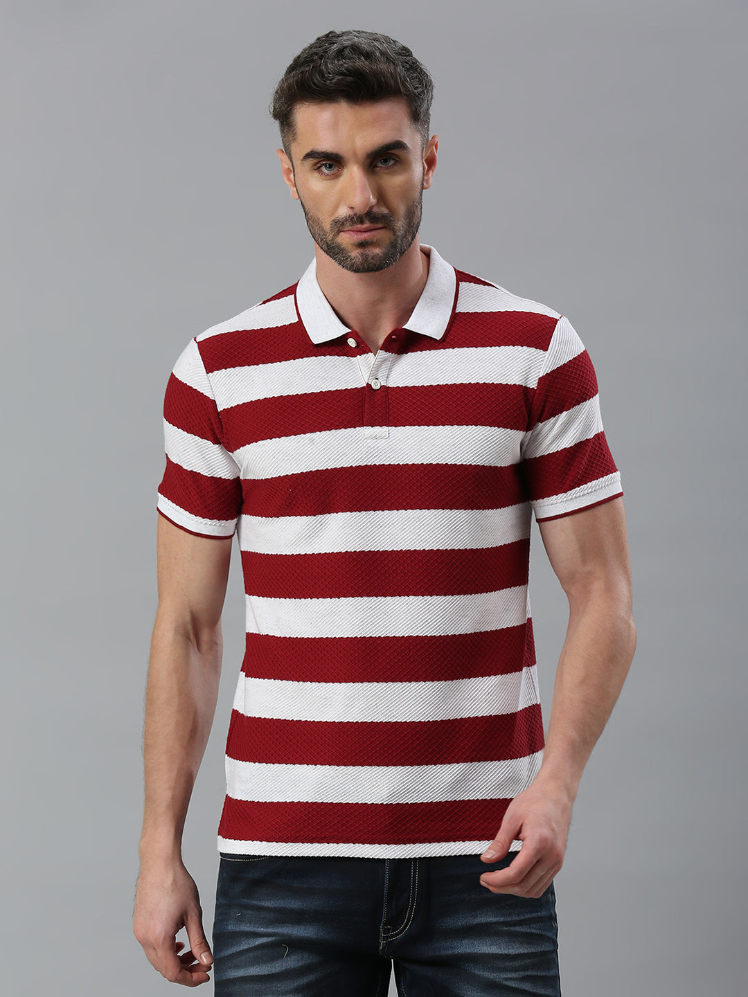 Euru Maroon Striped Regular Fit Half Sleeve T-Shirt