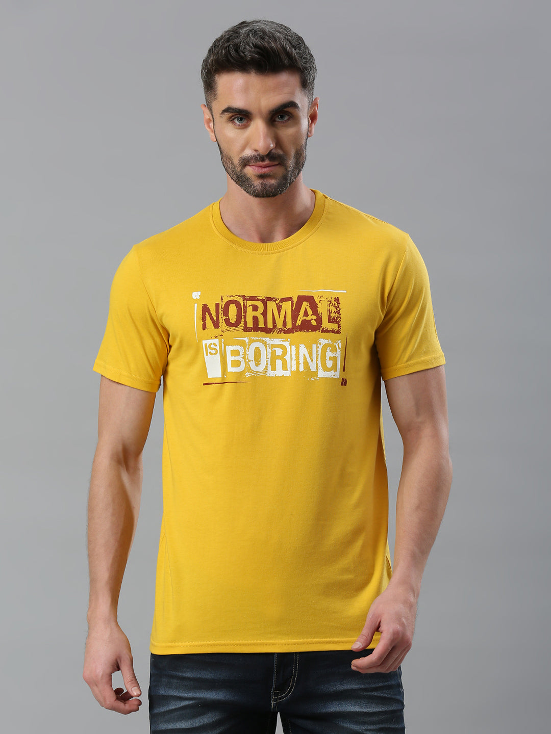 Mustard Printed Regular Fit Half Sleeve T-Shirt