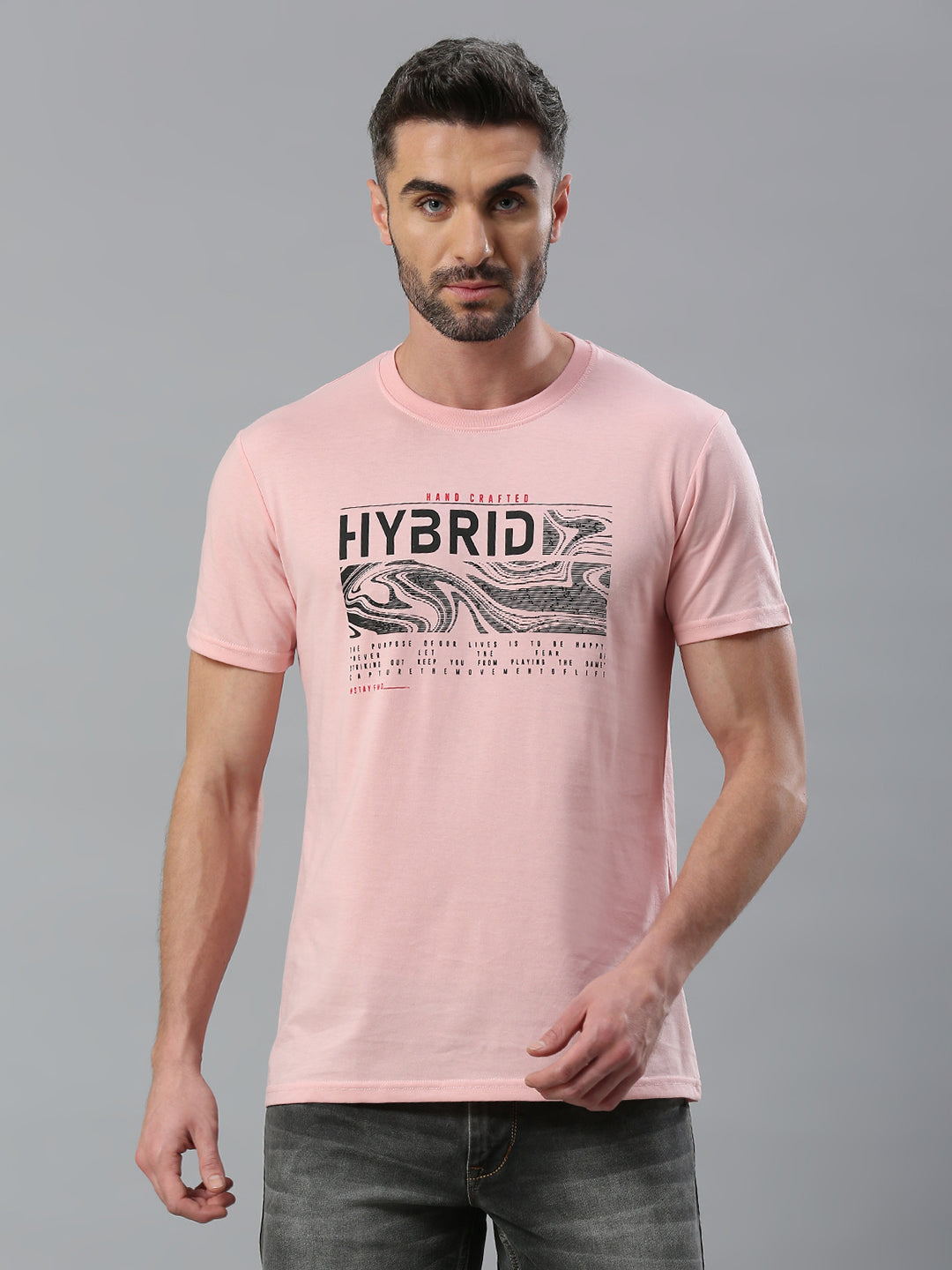 Pink Printed Regular Fit Half Sleeve T-Shirt