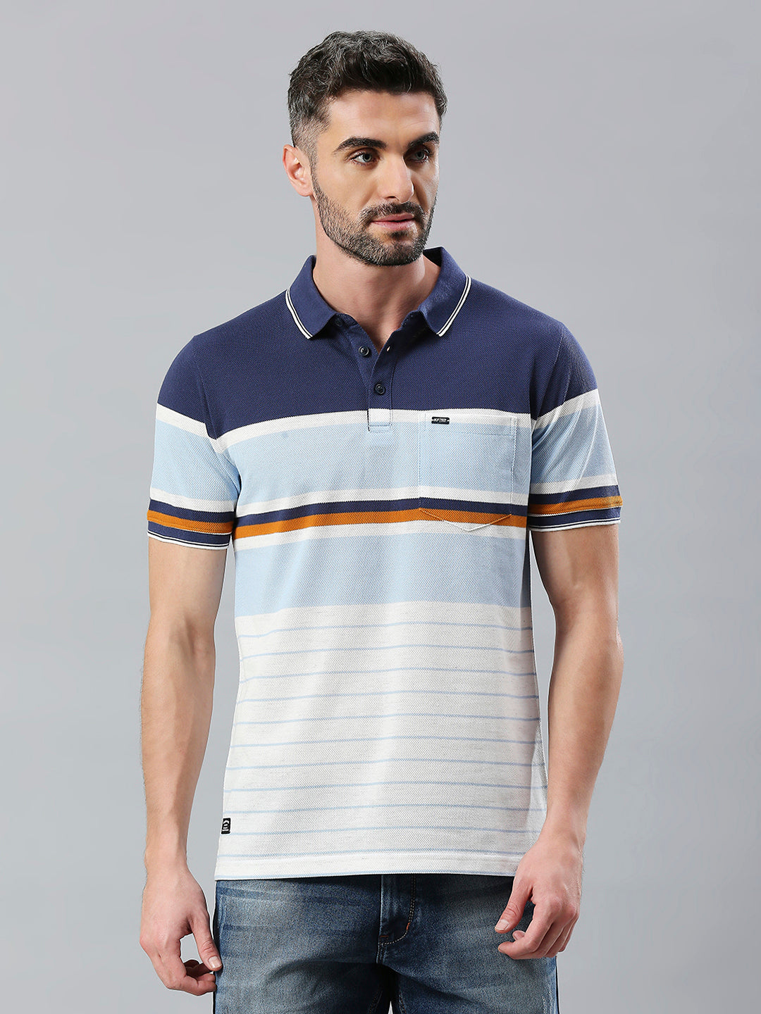 Navy White Striped Regular Fit Half Sleeve T-Shirt