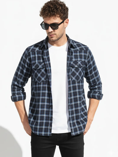 Navy Checkered Slim Fit Shirt