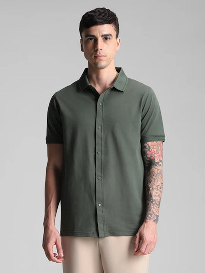 Olive Printed  Knitted Shirt