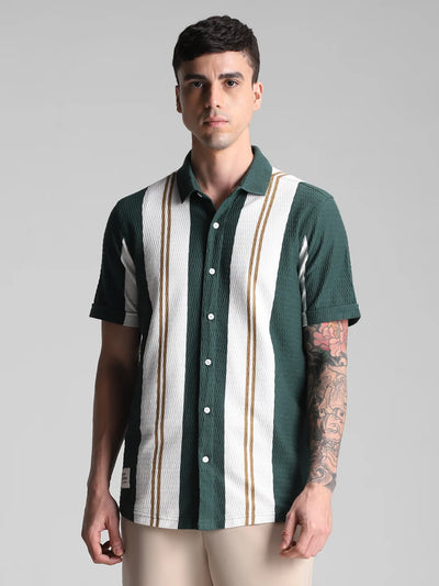 Bottle Green/White Striped Knitted Shirt
