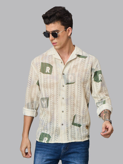 Cream Printed Oversized Shirt