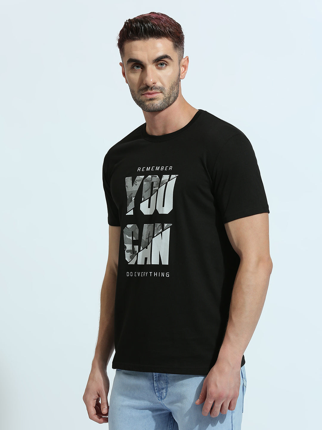 Black Printed Regular Fit Half Sleeve T-Shirt