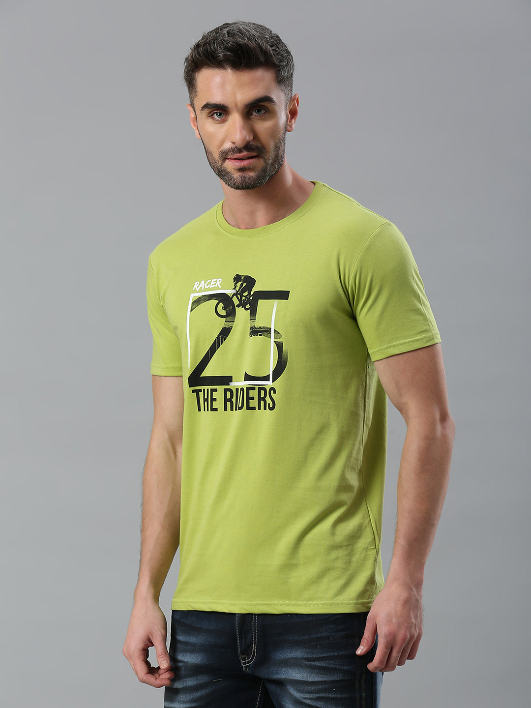 Lime Green Printed Regular Fit Half Sleeve T-Shirt