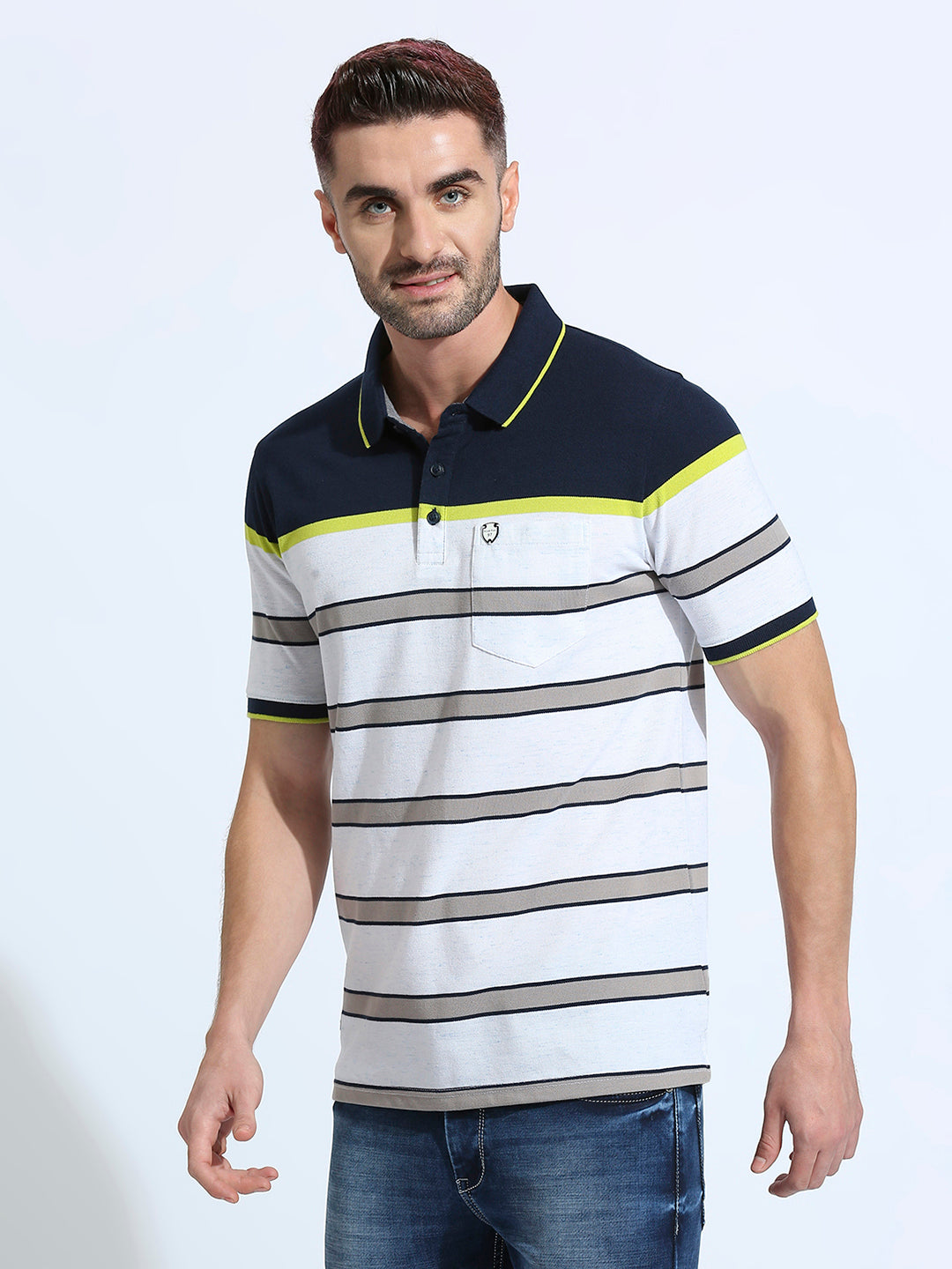 Navy Neongreen Striped Regular Fit Half Sleeve T-Shirt