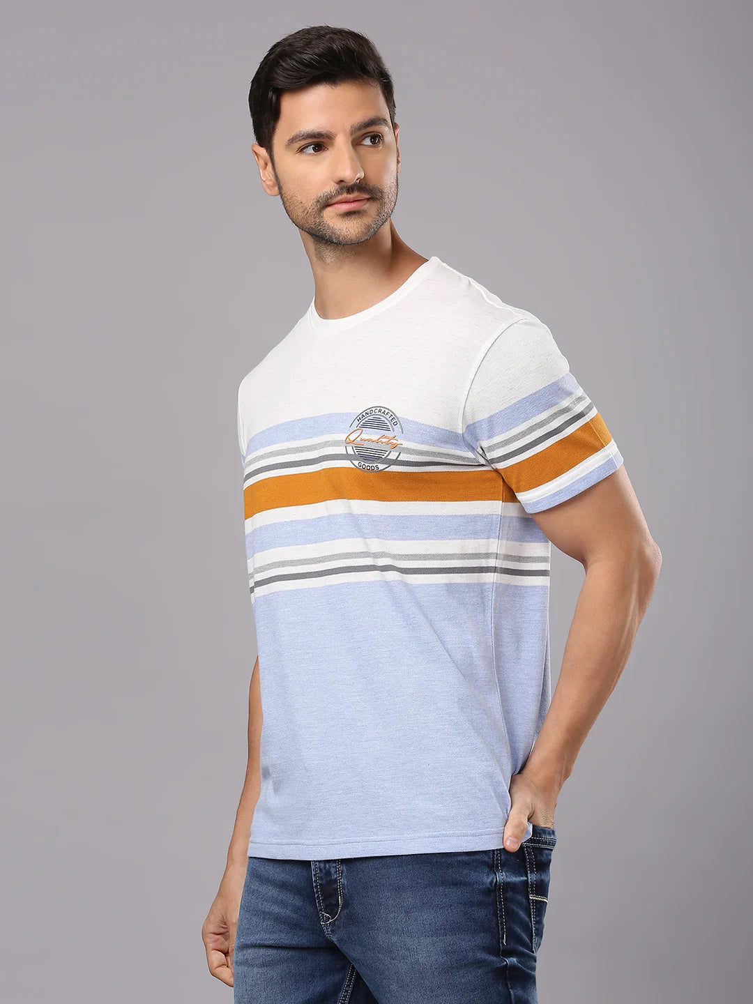 Ecru Melange Sky Blue Solid Round Regular H/S T-Shirt