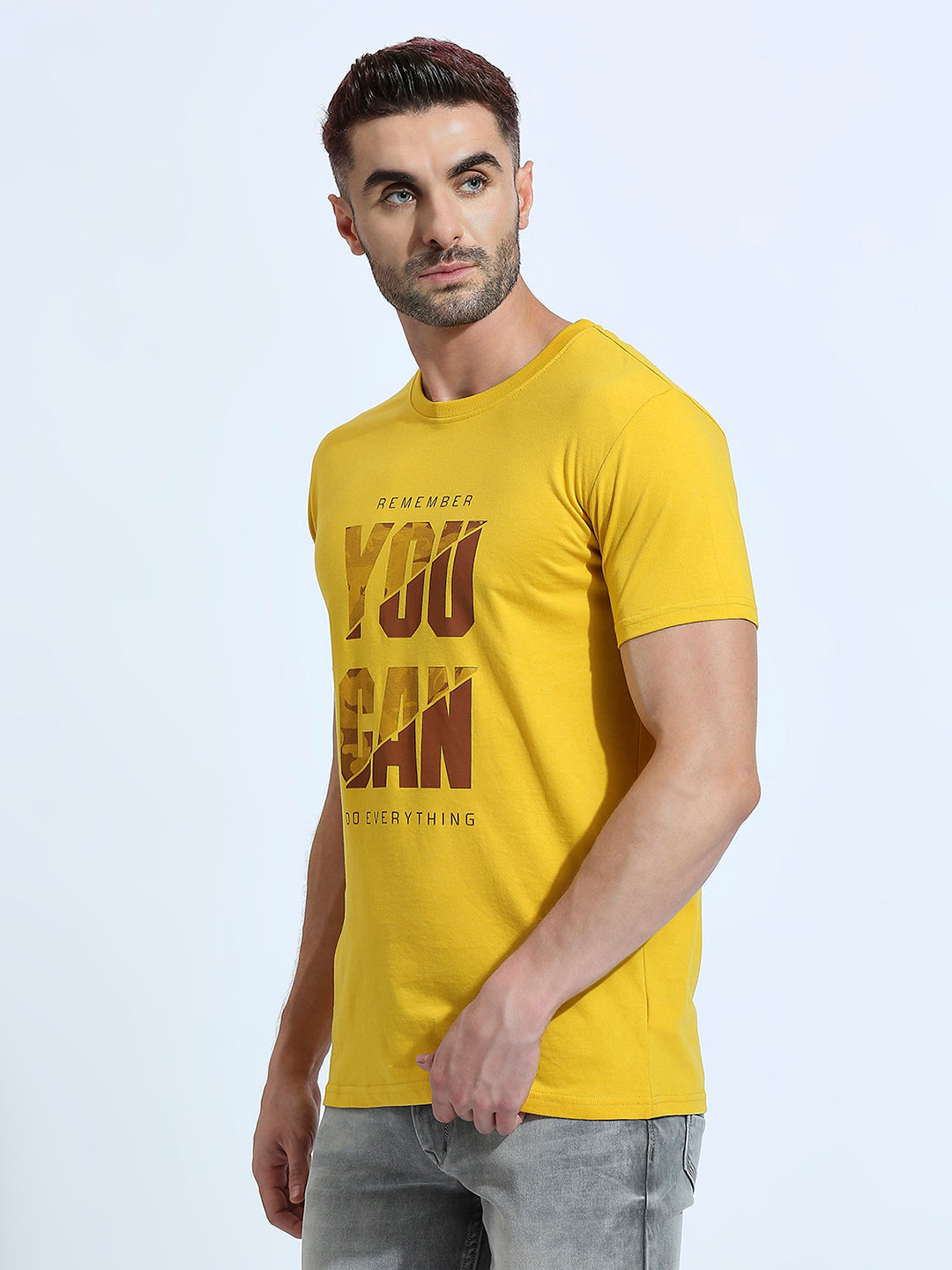 Mustard Printed Regular Fit Half Sleeve T-Shirt