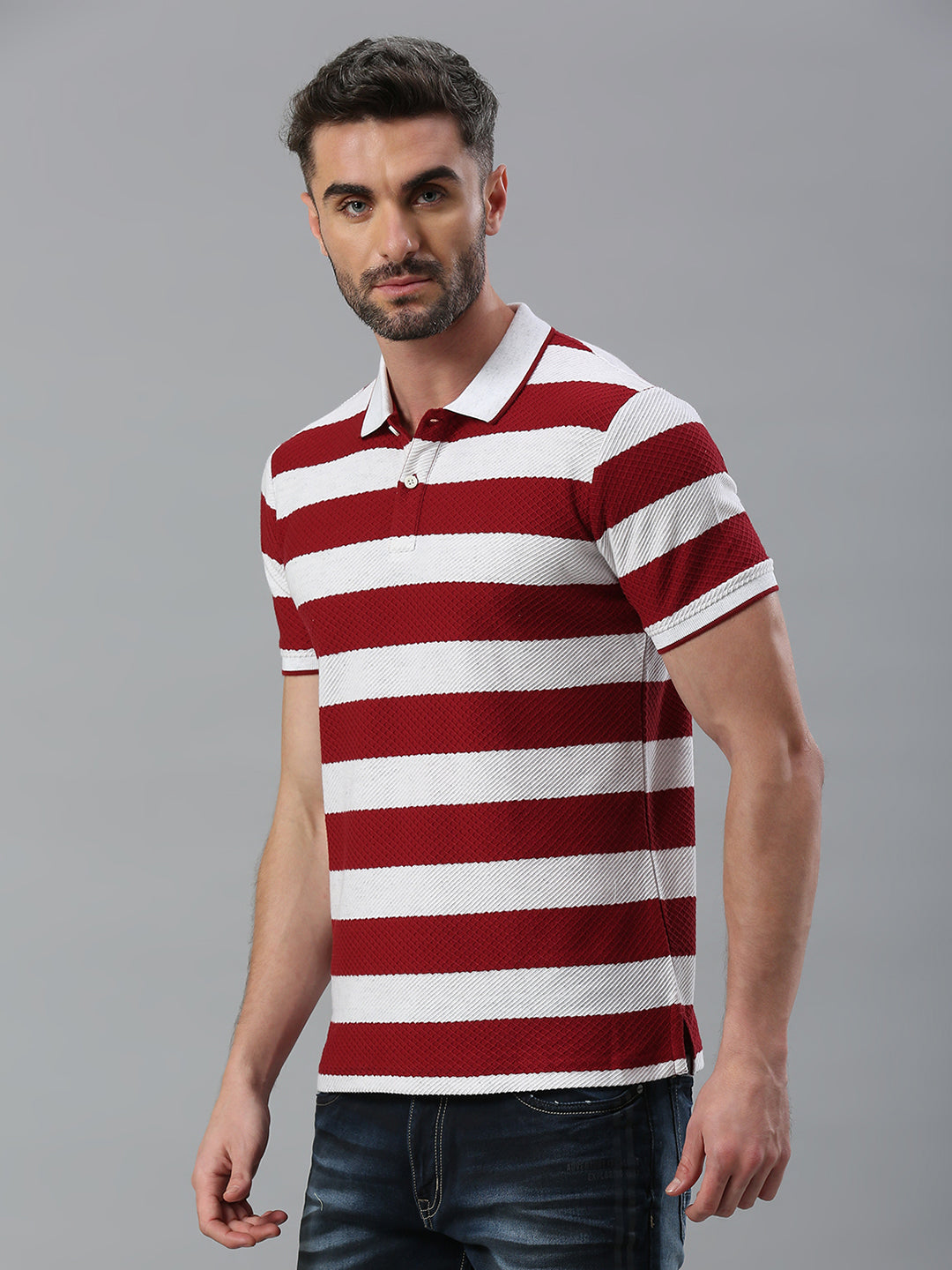 Euru Maroon Striped Regular Fit Half Sleeve T-Shirt