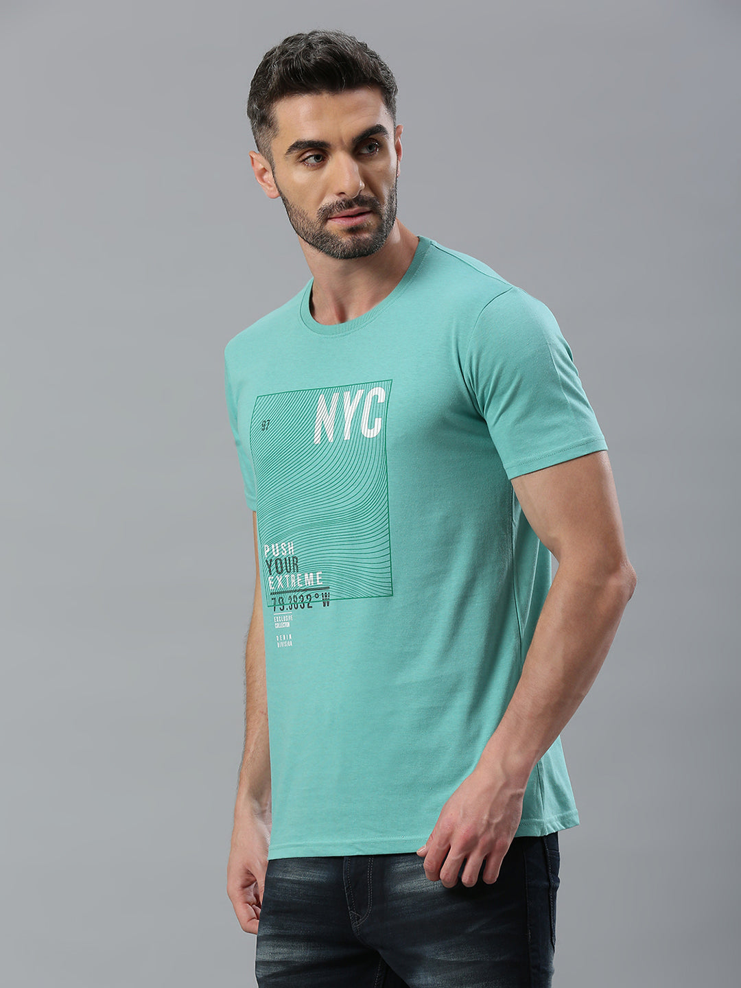 Aqua Printed Regular Fit Half Sleeve T-Shirt