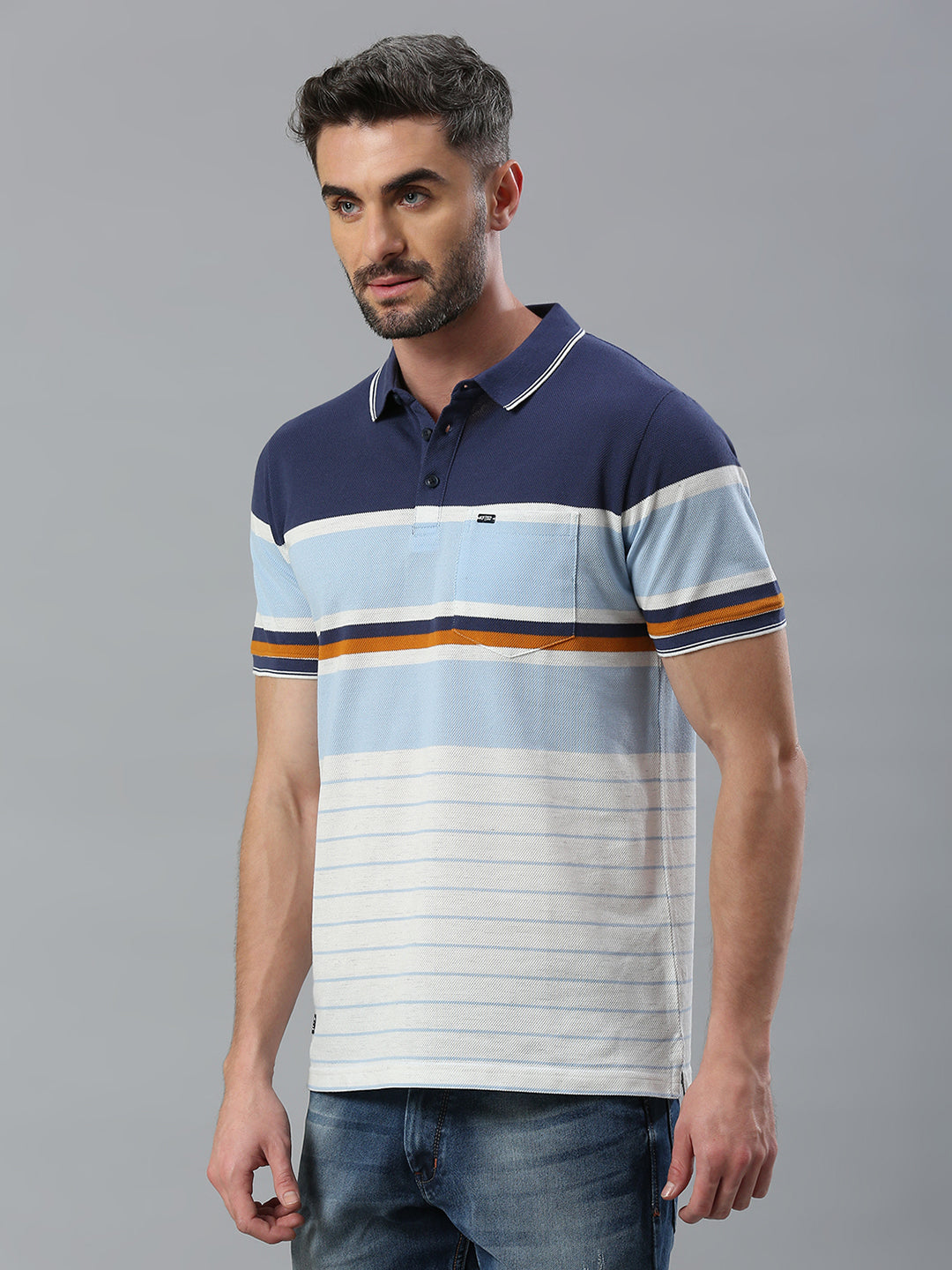 Navy White Striped Regular Fit Half Sleeve T-Shirt