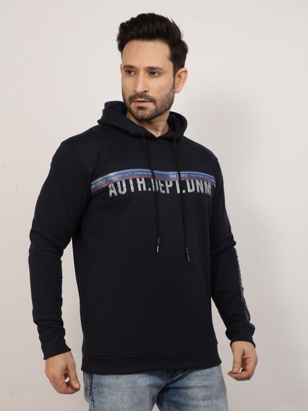 Navy Printed Hooded Sweatshirt