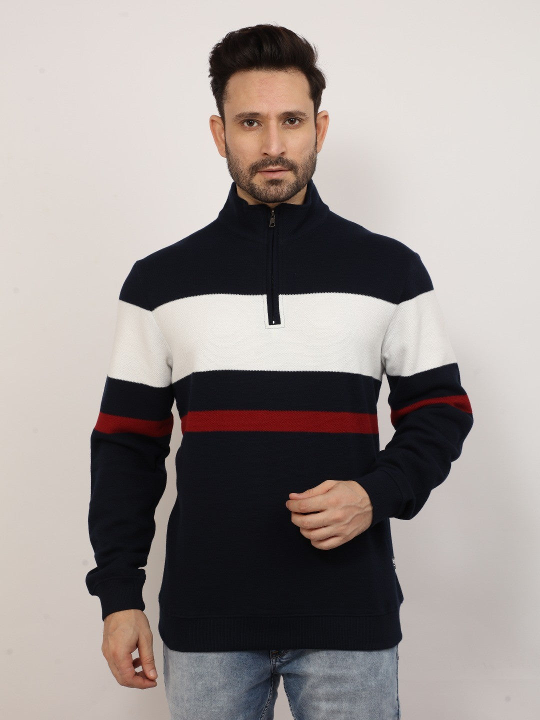 Navy High Neck Striped Sweatshirt