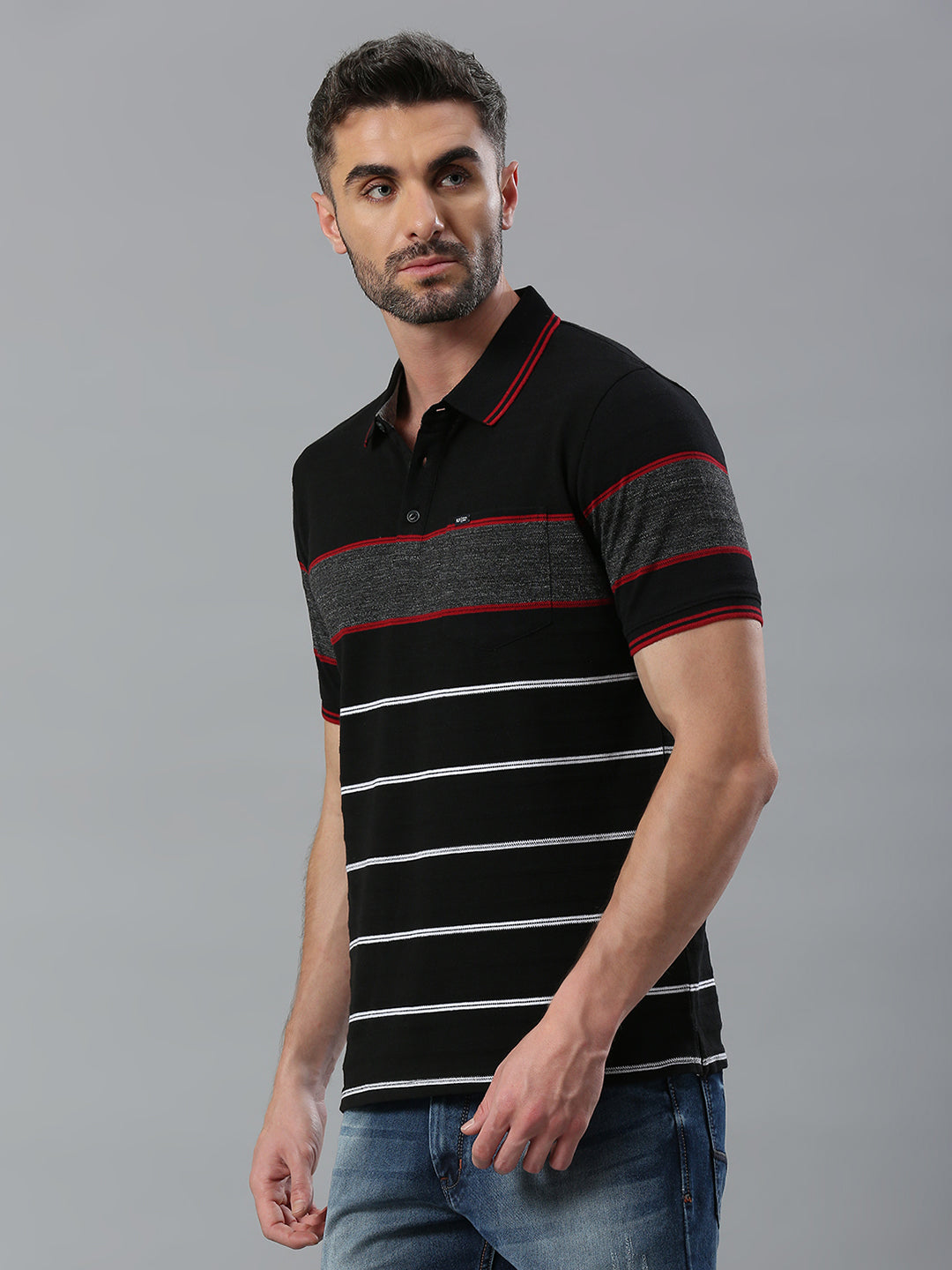 Black Red Striped Regular Fit Half Sleeve T-Shirt