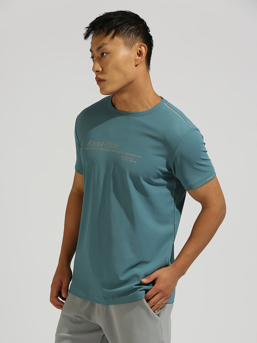 Teal Blue Printed Regular Fit Half Sleeve T-Shirt