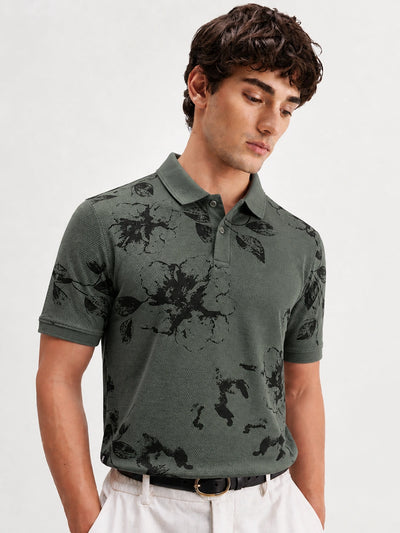 Dusty Green Printed Polo T-Shirt
