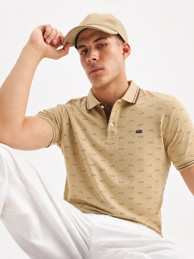 Khaki Melange Printed Polo T-Shirt