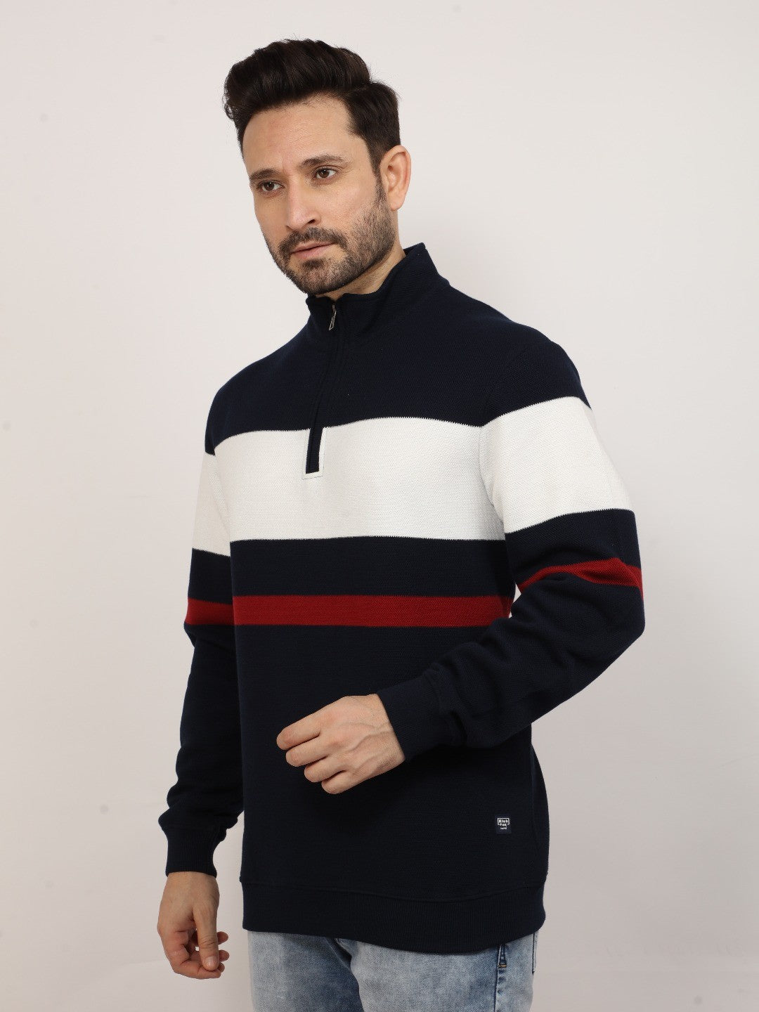 Navy High Neck Striped Sweatshirt