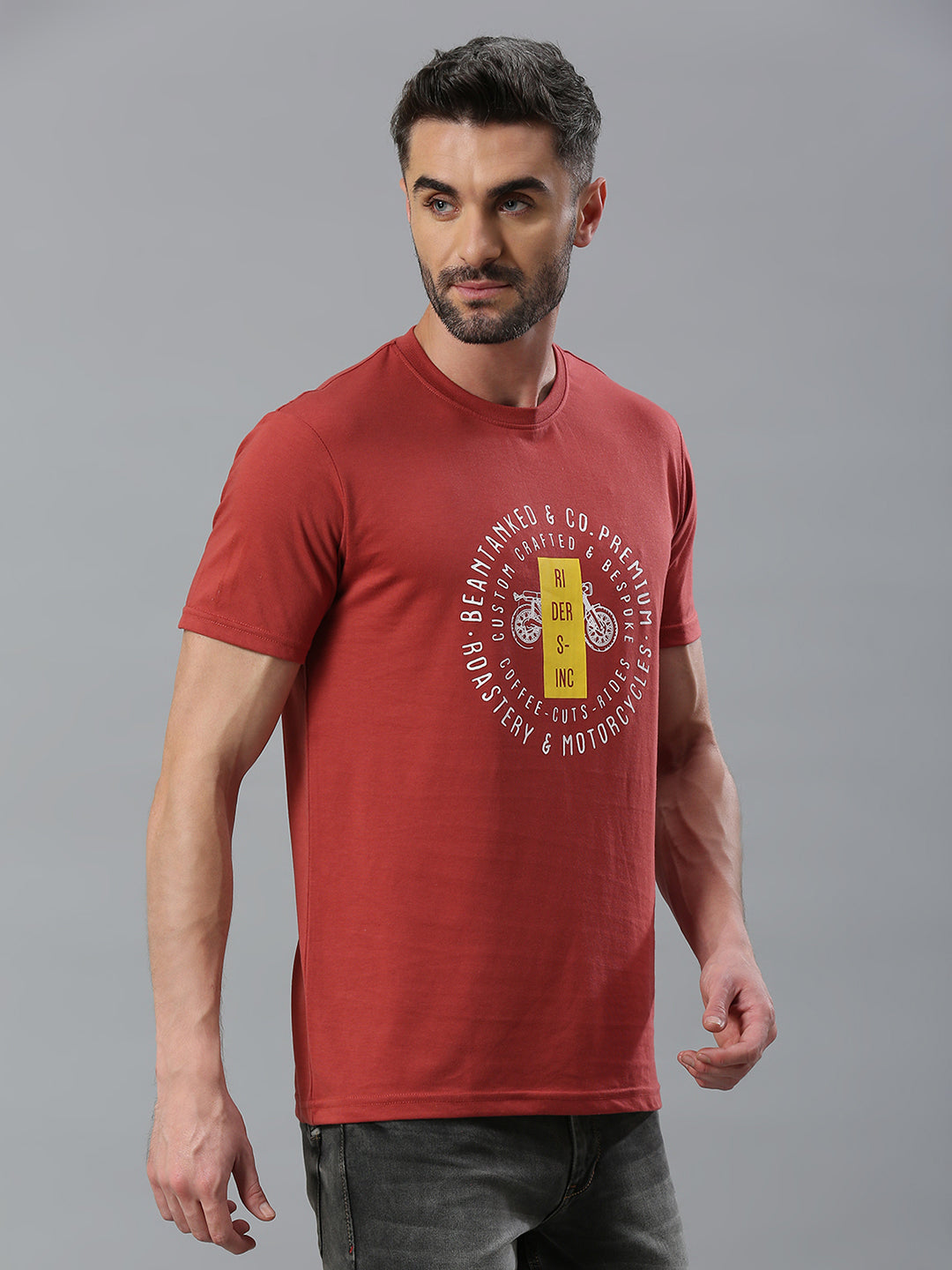 Brick Red Printed Regular Fit Half Sleeve T-Shirt