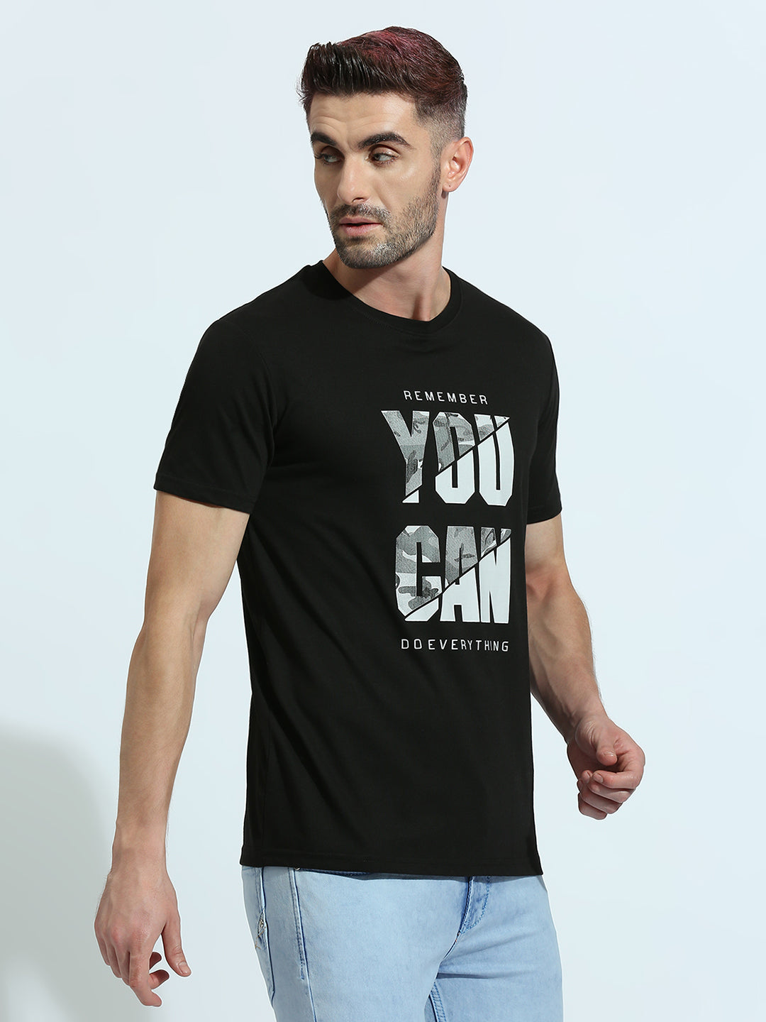 Black Printed Regular Fit Half Sleeve T-Shirt