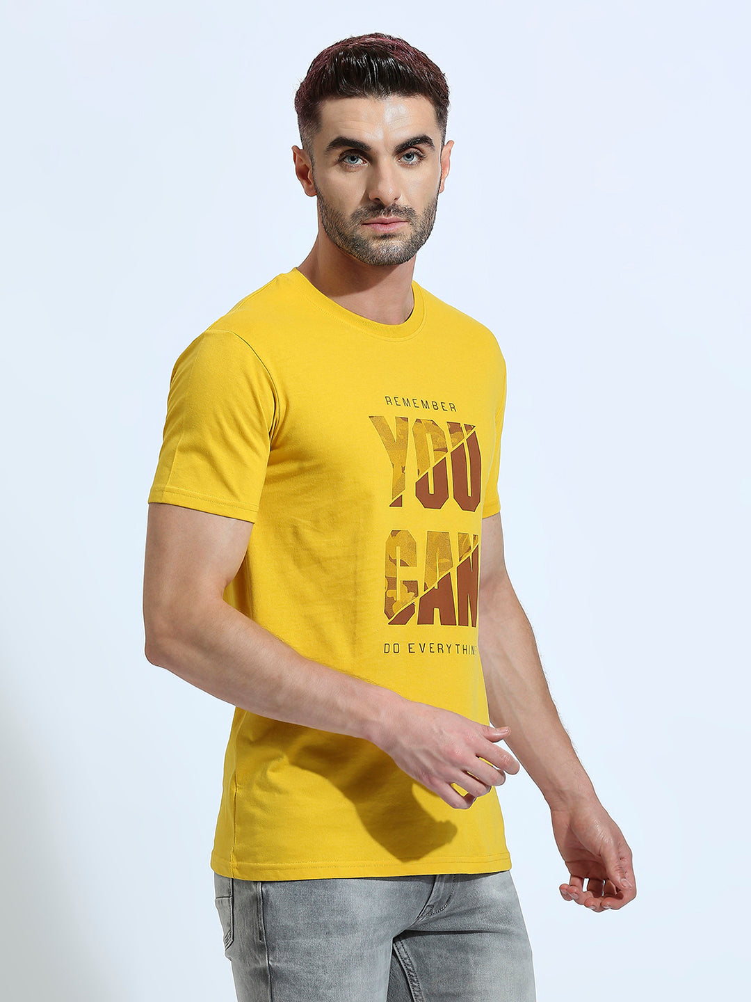 Mustard Printed Regular Fit Half Sleeve T-Shirt