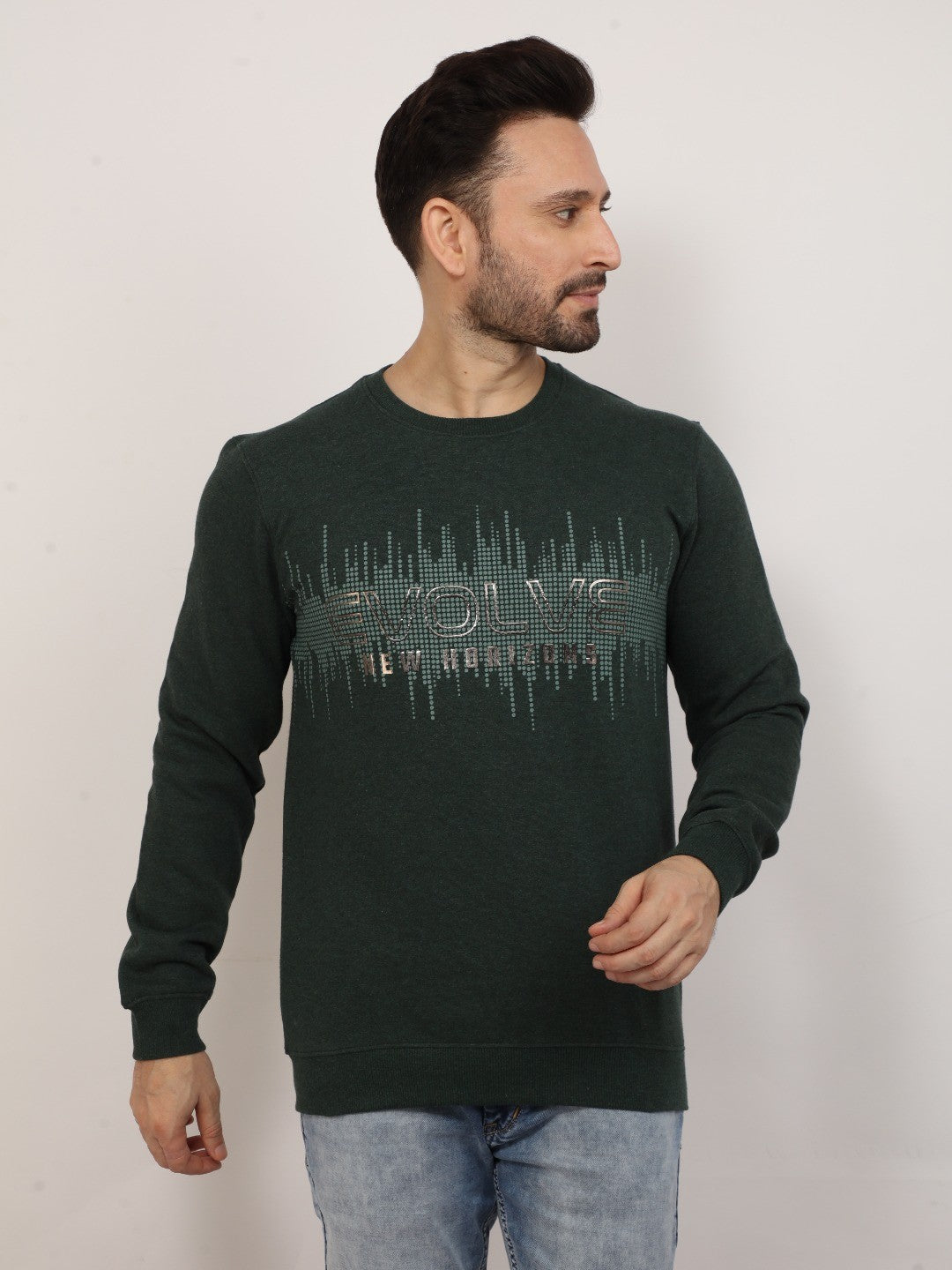 Green Melange Printed Sweatshirt