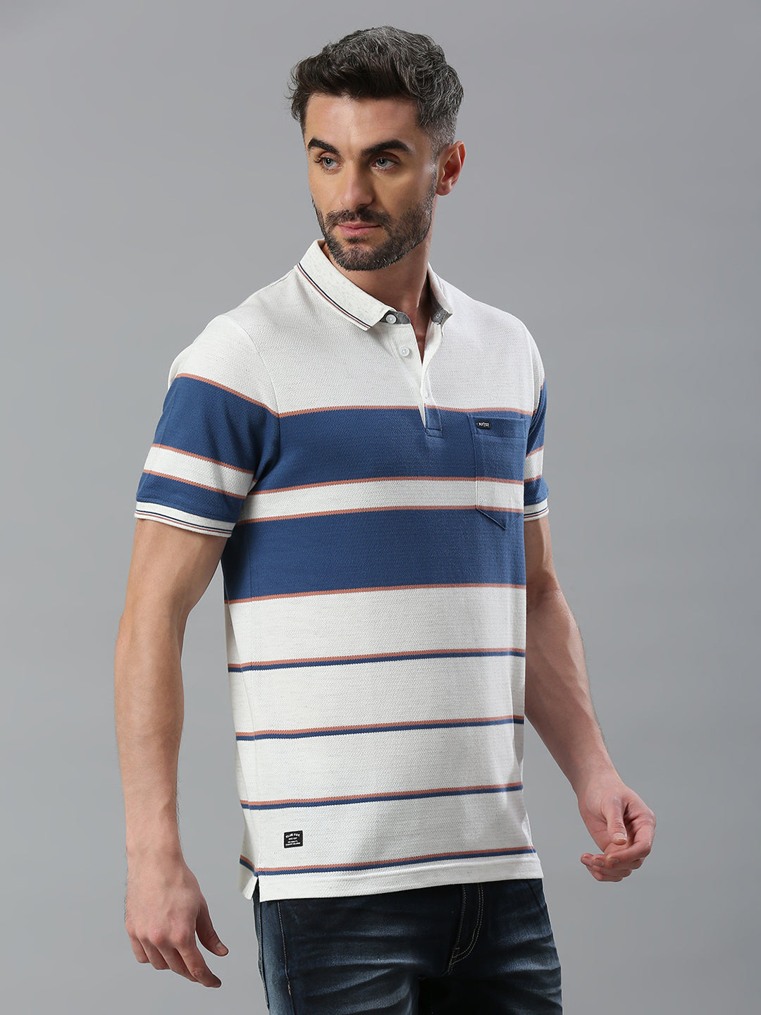 White Navy Striped Regular Fit Half Sleeve T-Shirt