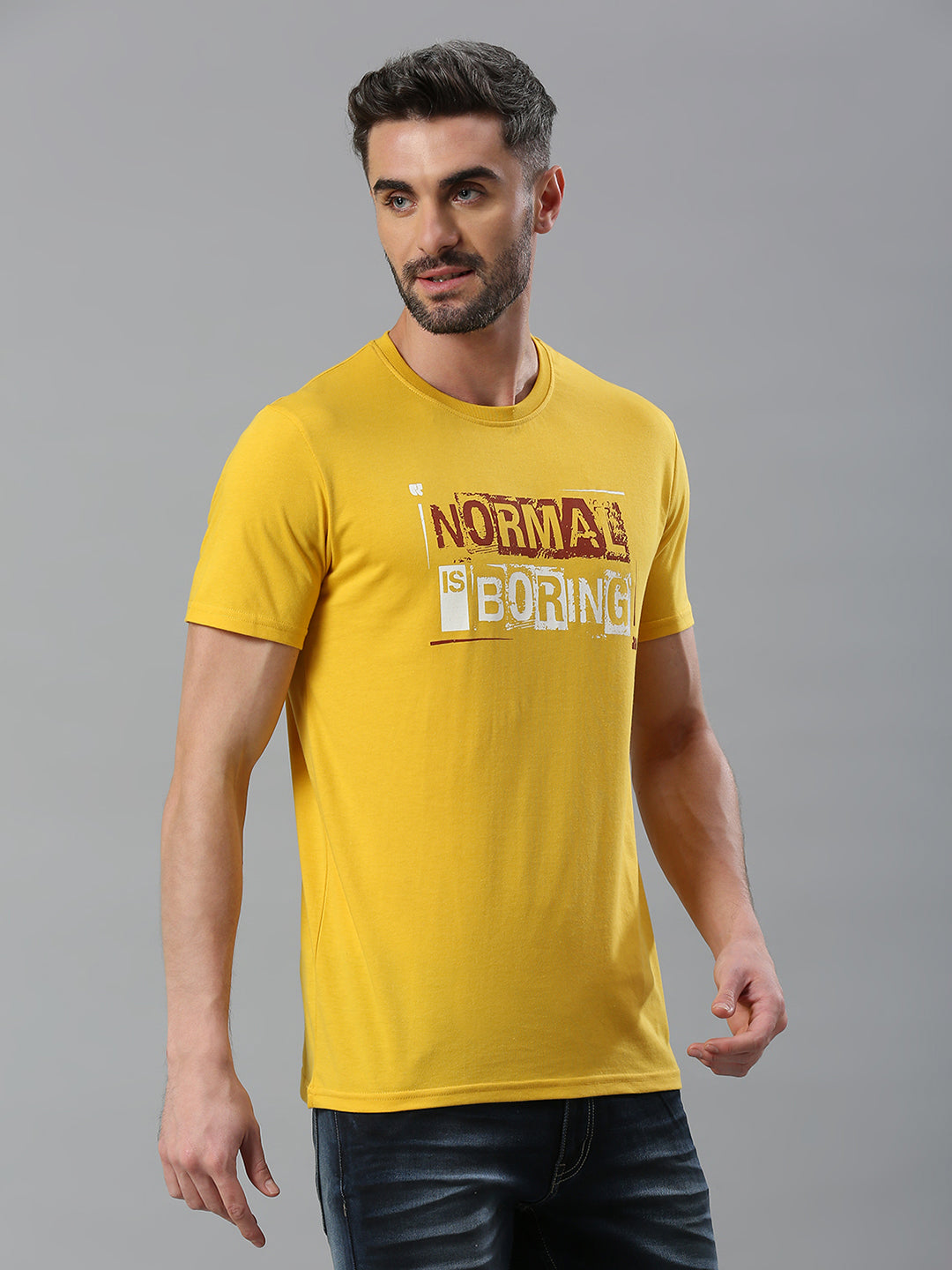 Mustard Printed Regular Fit Half Sleeve T-Shirt