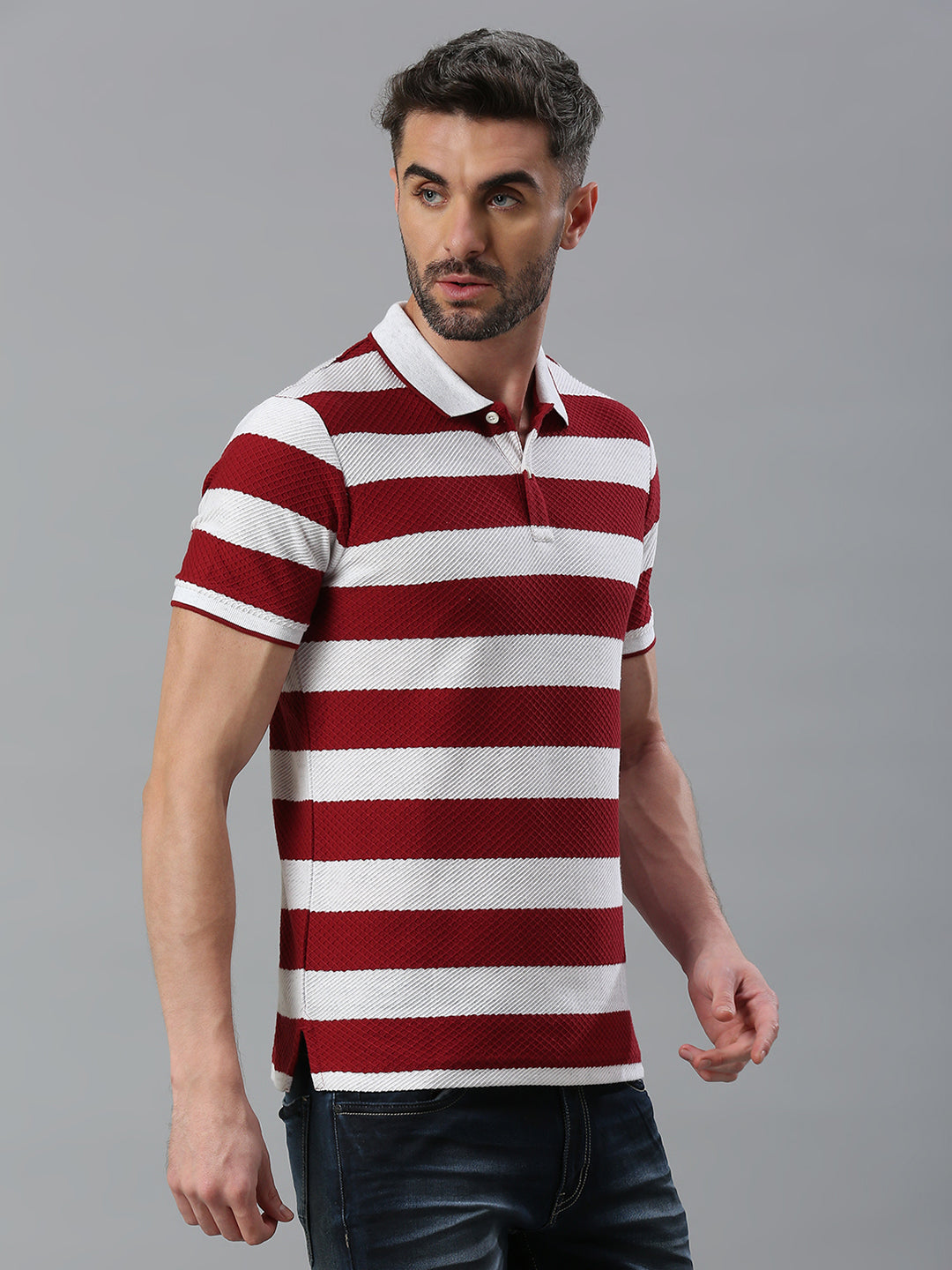 Euru Maroon Striped Regular Fit Half Sleeve T-Shirt