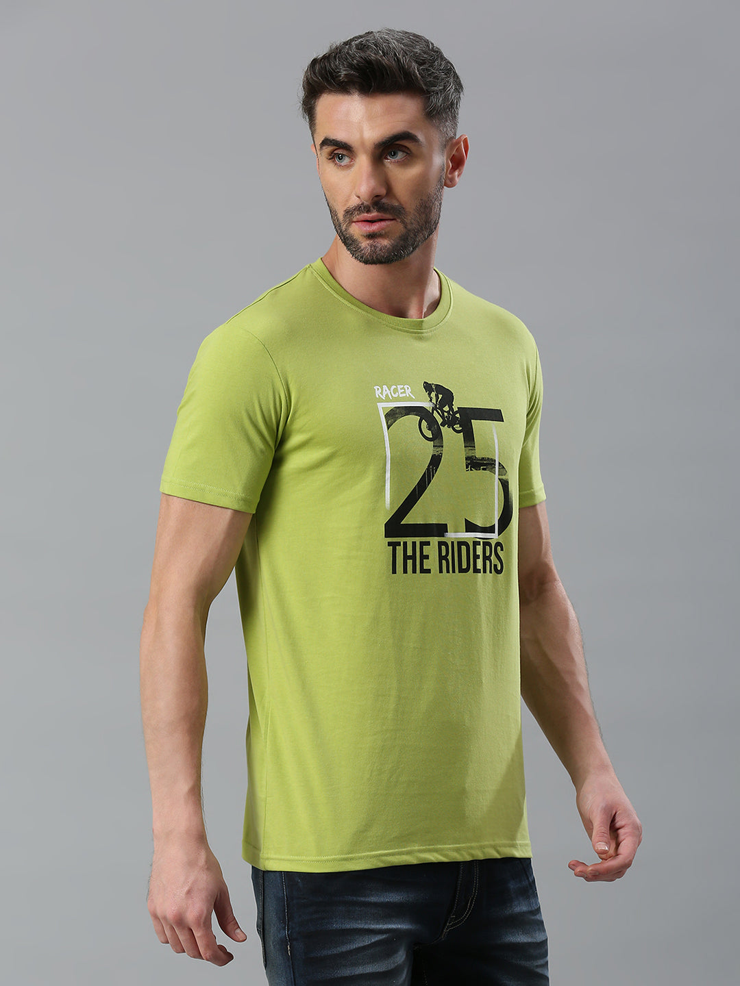 Lime Green Printed Regular Fit Half Sleeve T-Shirt