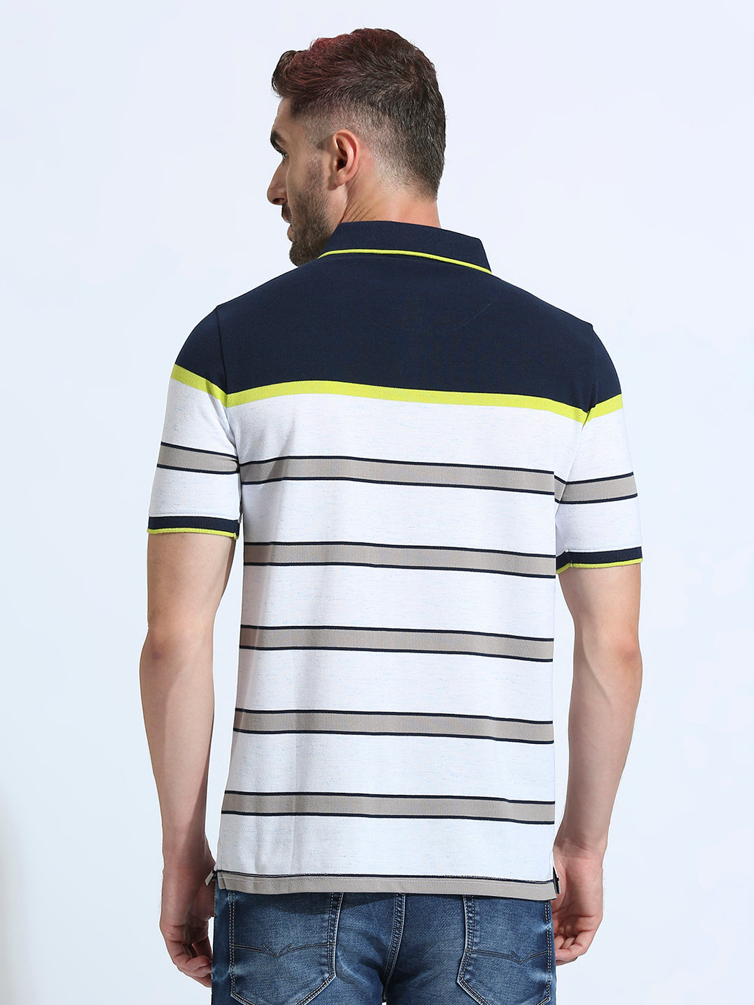 Navy Neongreen Striped Regular Fit Half Sleeve T-Shirt