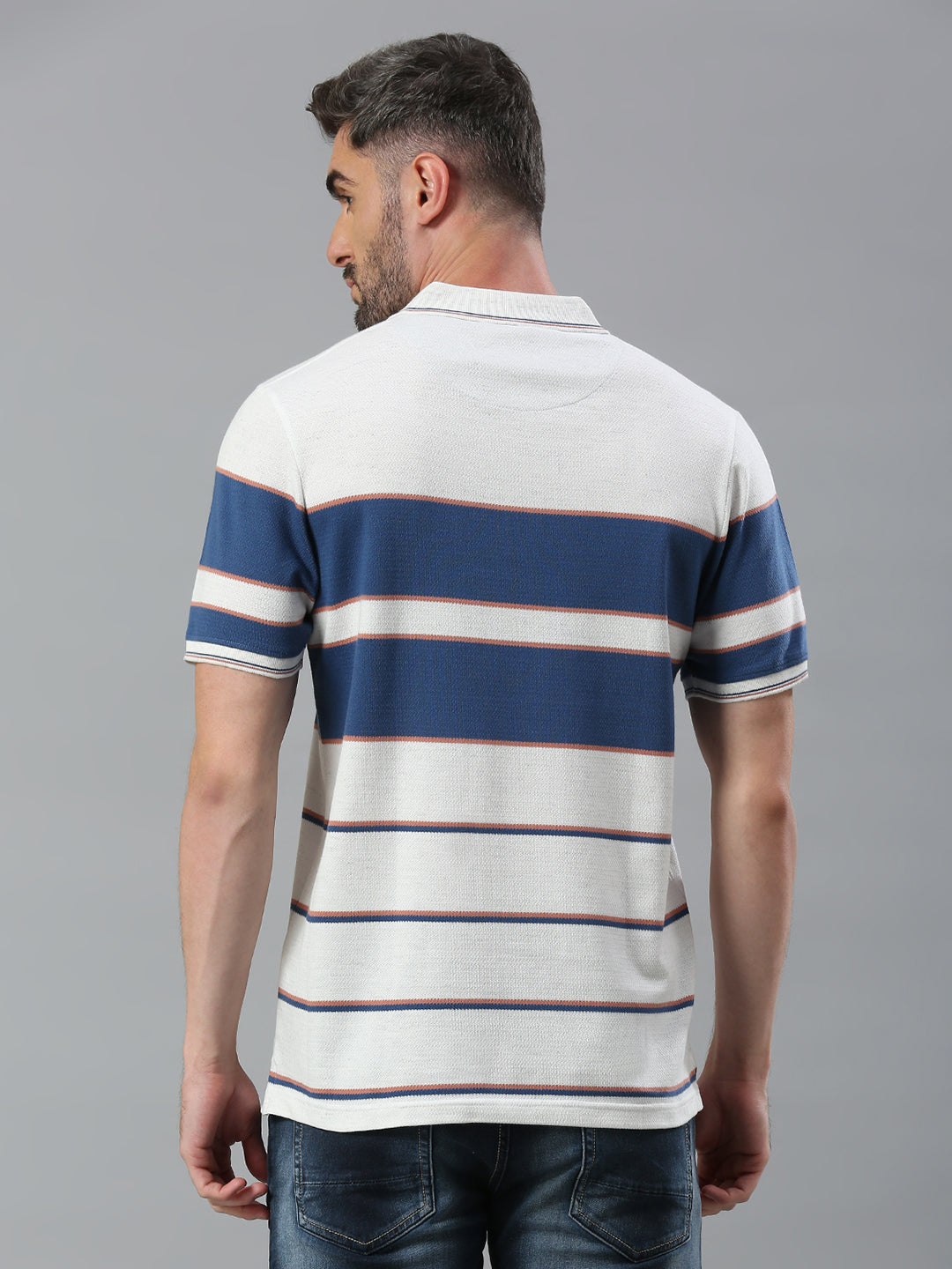 White Navy Striped Regular Fit Half Sleeve T-Shirt