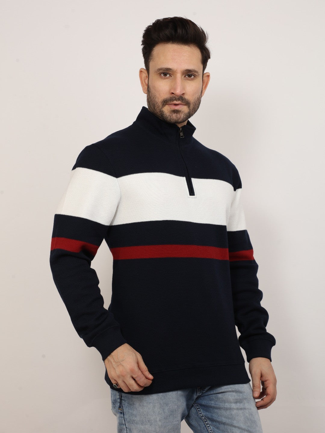 Navy High Neck Striped Sweatshirt