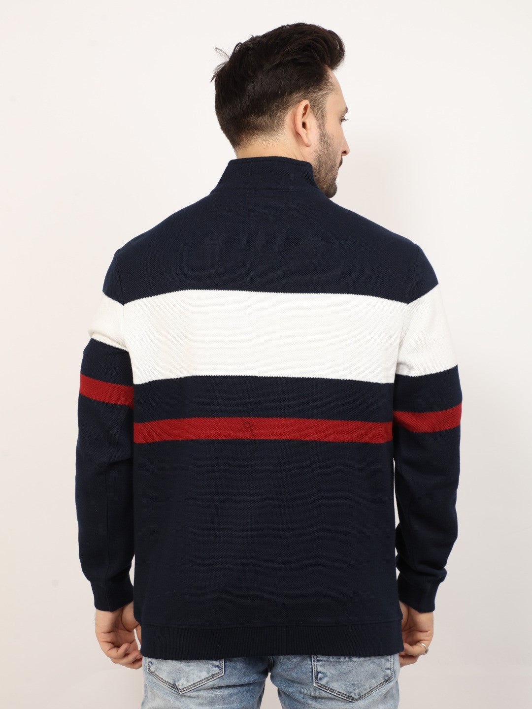 Navy High Neck Striped Sweatshirt