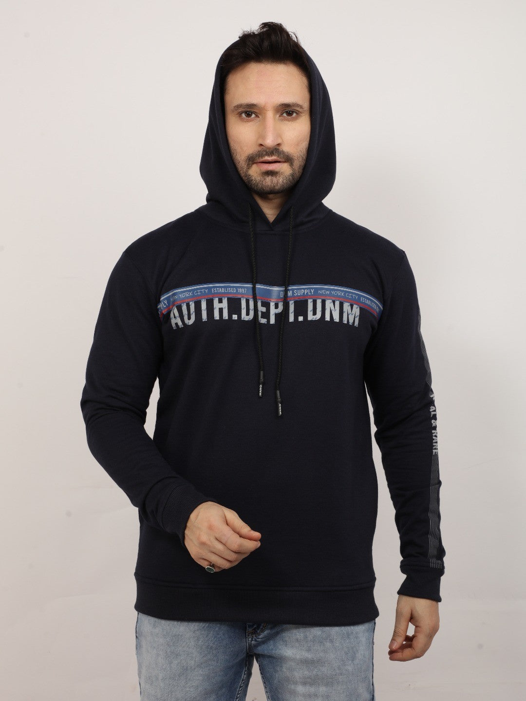 Navy Printed Hooded Sweatshirt