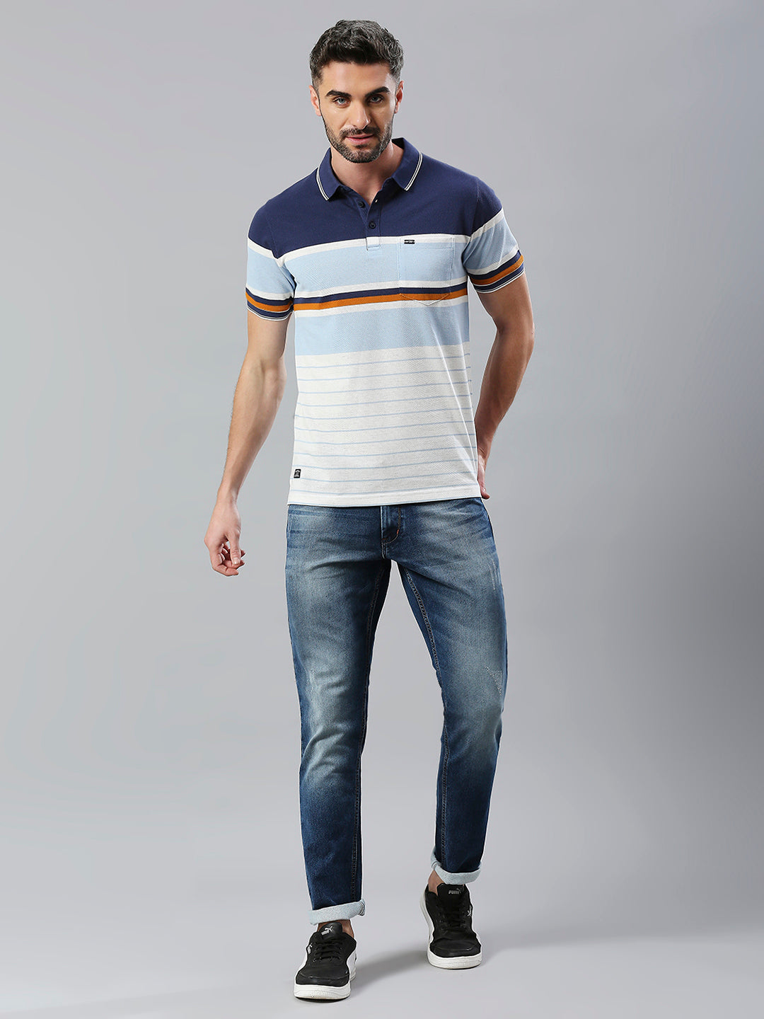 Navy White Striped Regular Fit Half Sleeve T-Shirt