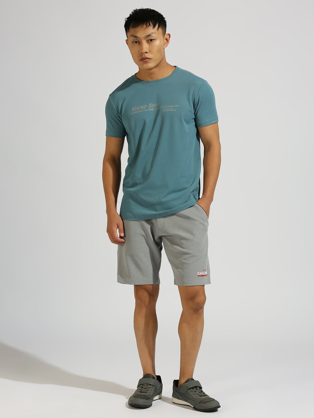 Teal Blue Printed Regular Fit Half Sleeve T-Shirt