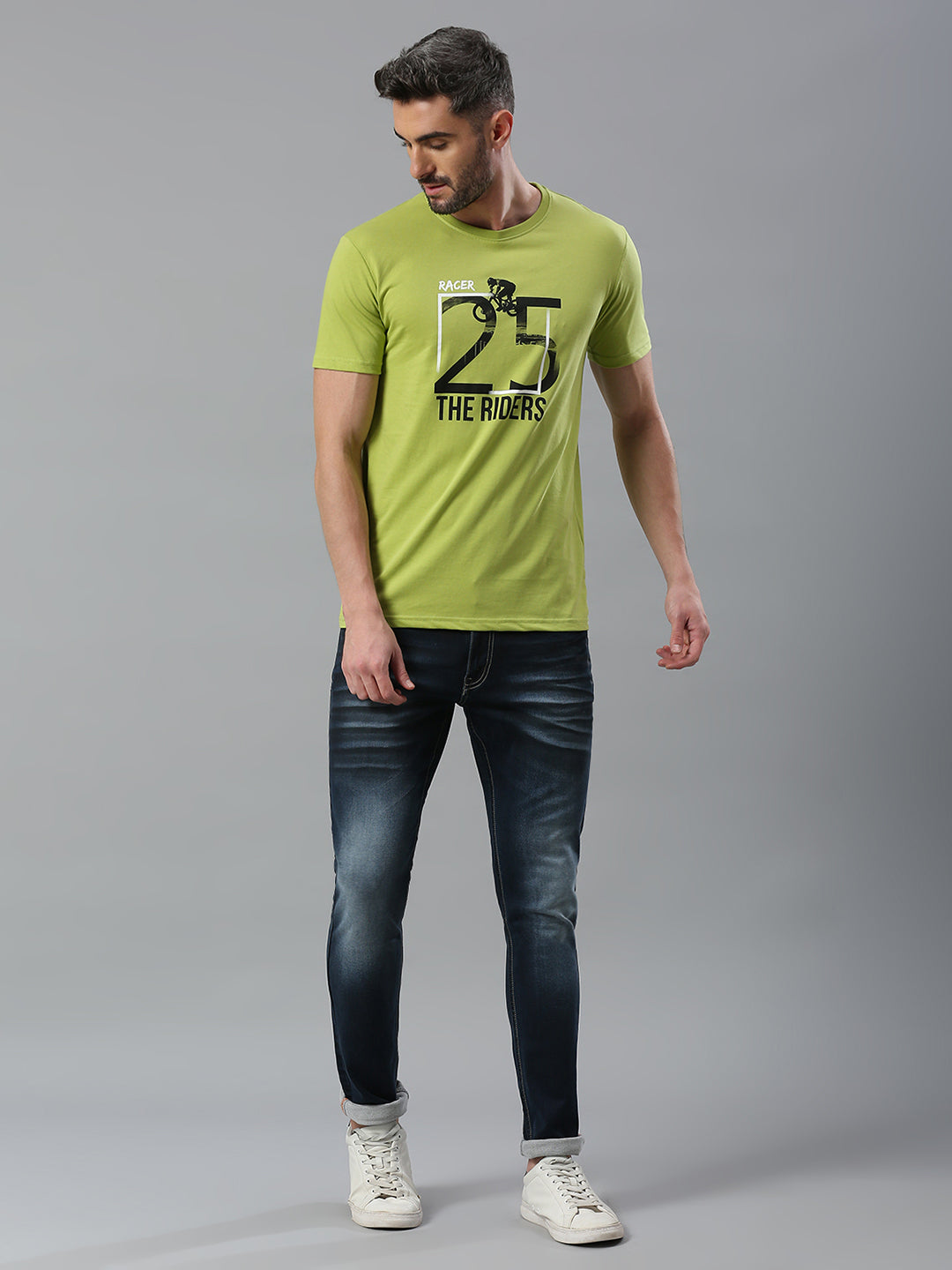 Lime Green Printed Regular Fit Half Sleeve T-Shirt