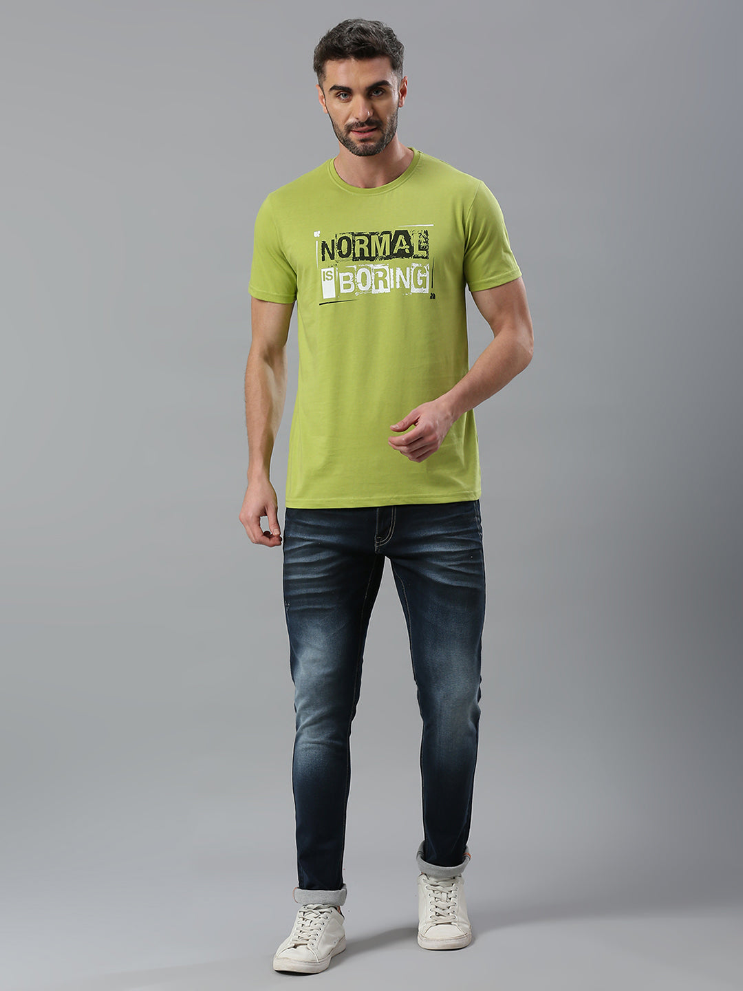 Lime Green Printed Regular Fit Half Sleeve T-Shirt