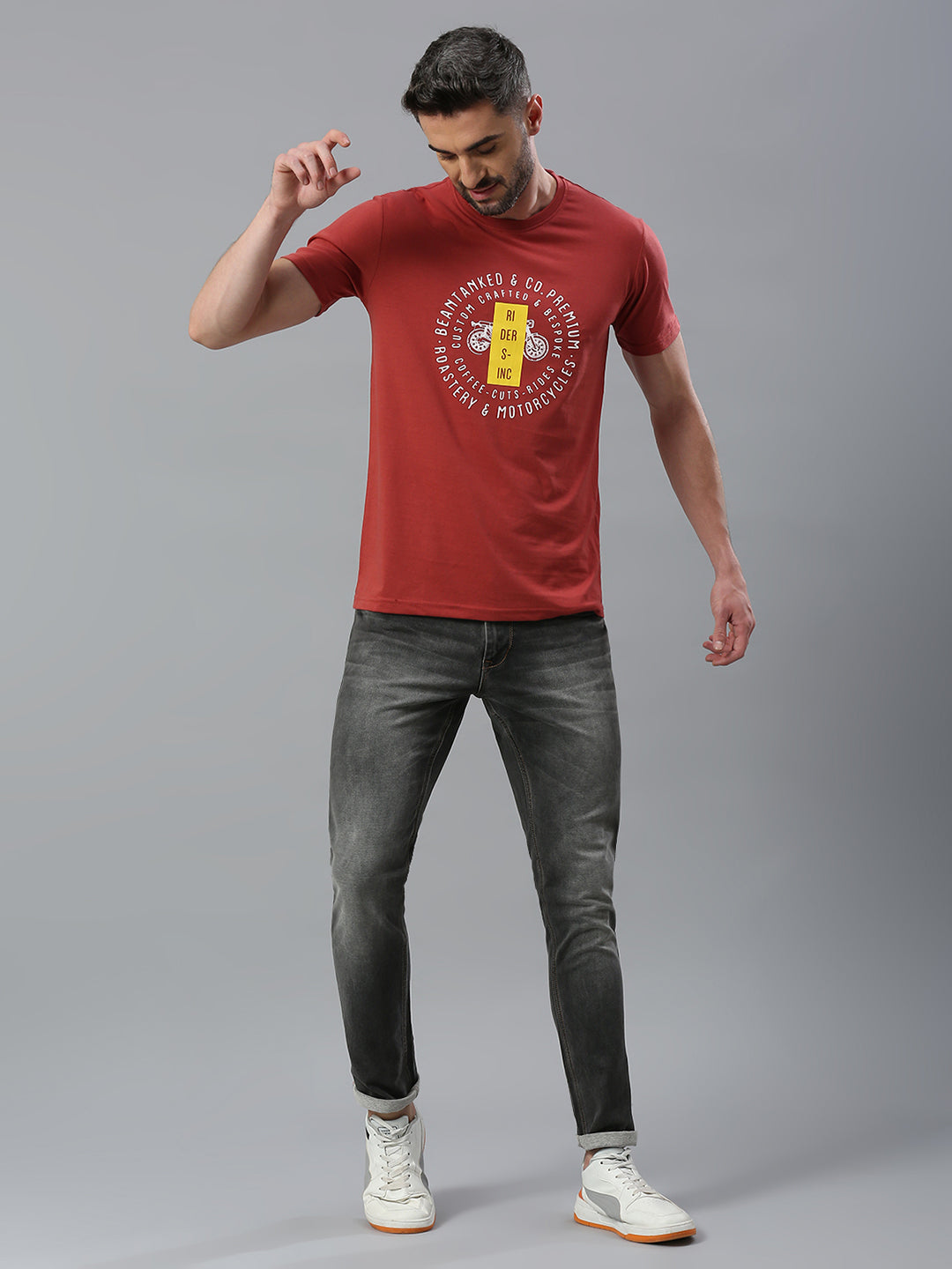 Brick Red Printed Regular Fit Half Sleeve T-Shirt