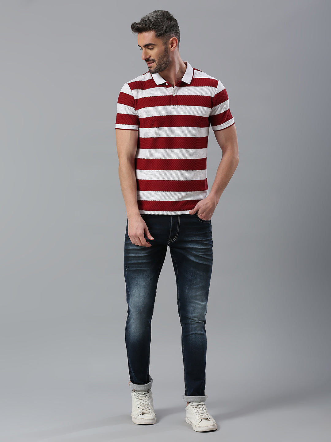 Euru Maroon Striped Regular Fit Half Sleeve T-Shirt