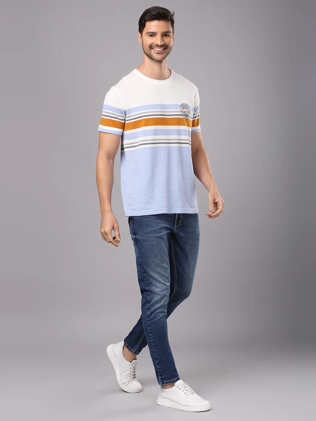 Ecru Melange Sky Blue Solid Round Regular H/S T-Shirt