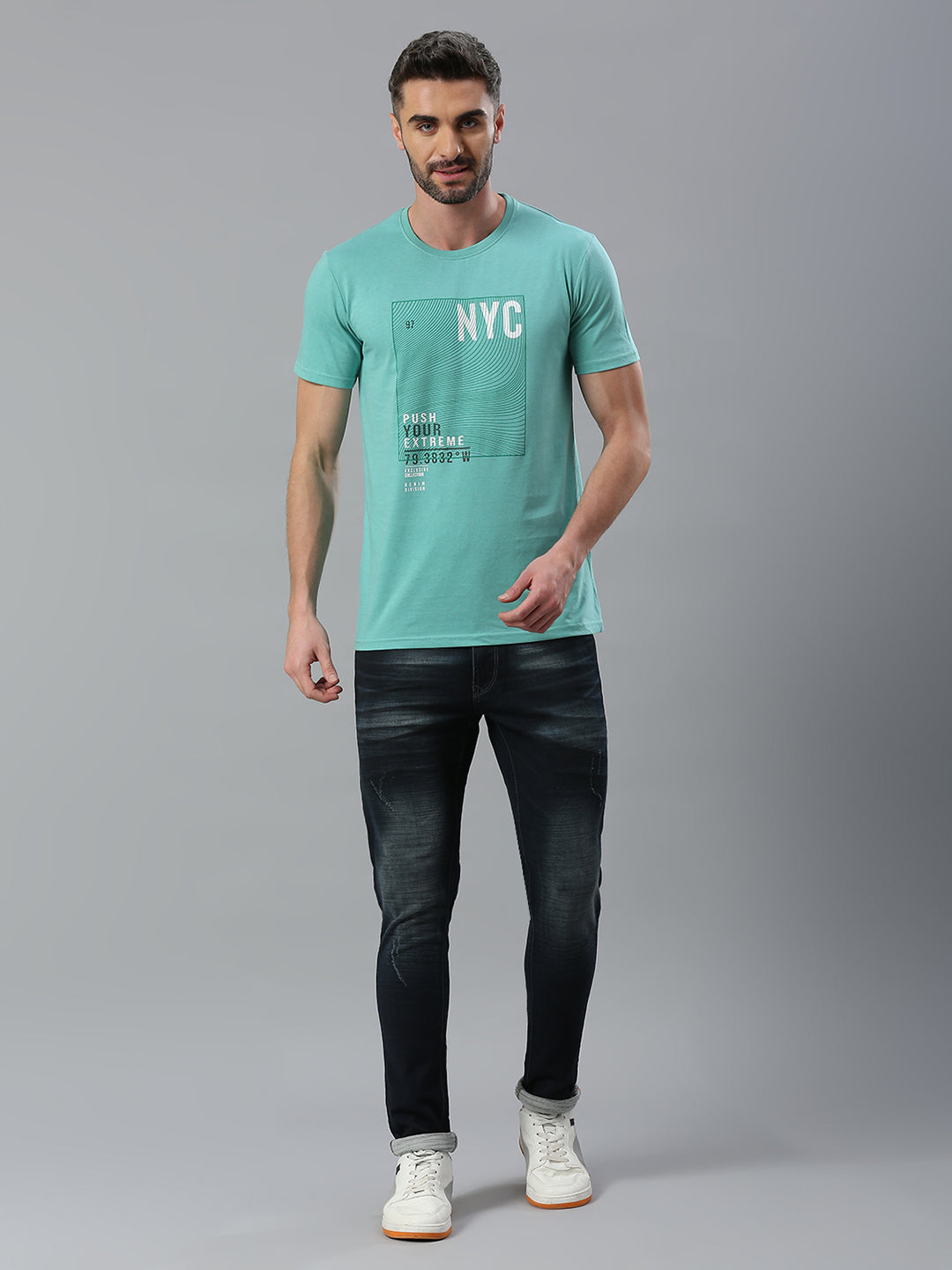 Aqua Printed Regular Fit Half Sleeve T-Shirt