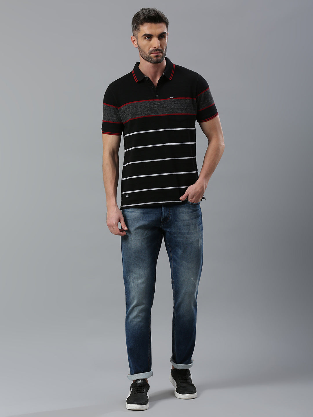 Black Red Striped Regular Fit Half Sleeve T-Shirt