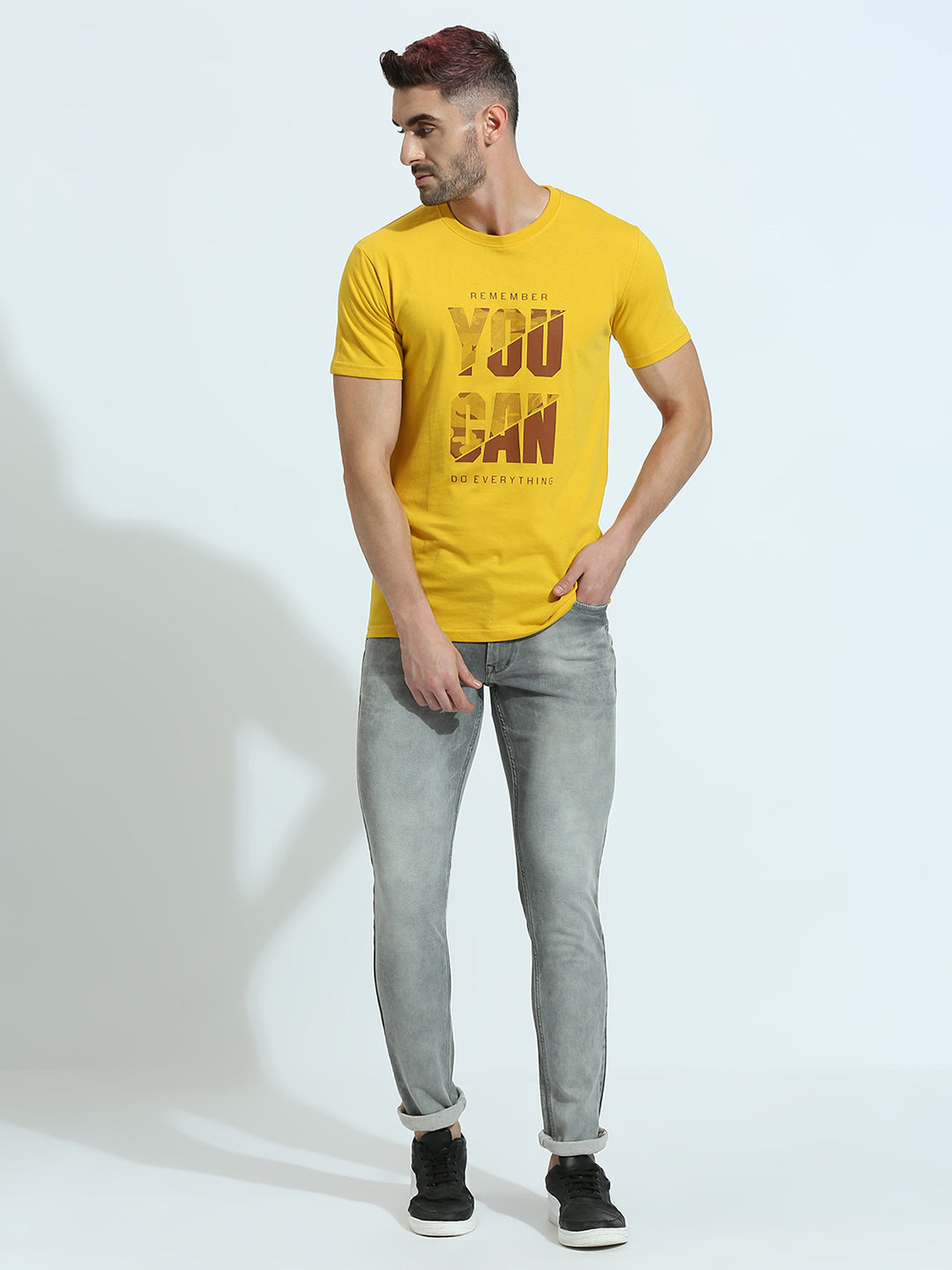 Mustard Printed Regular Fit Half Sleeve T-Shirt