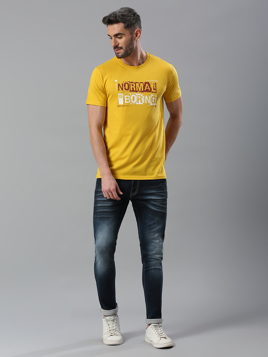 Mustard Printed Regular Fit Half Sleeve T-Shirt