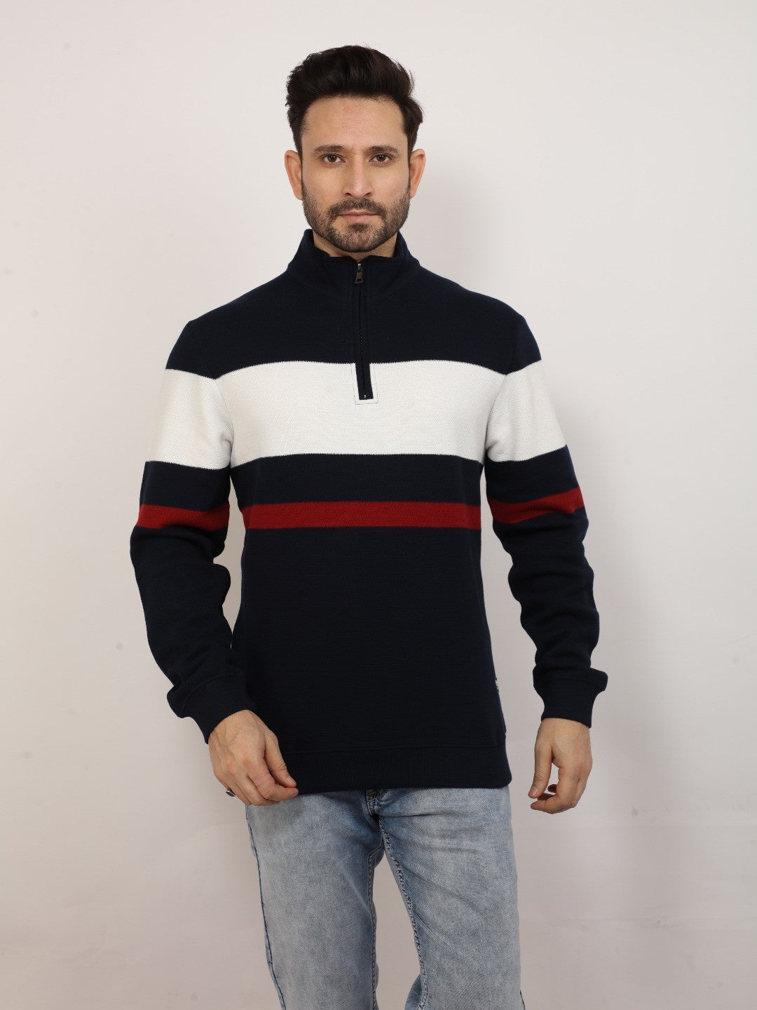 Navy High Neck Striped Sweatshirt