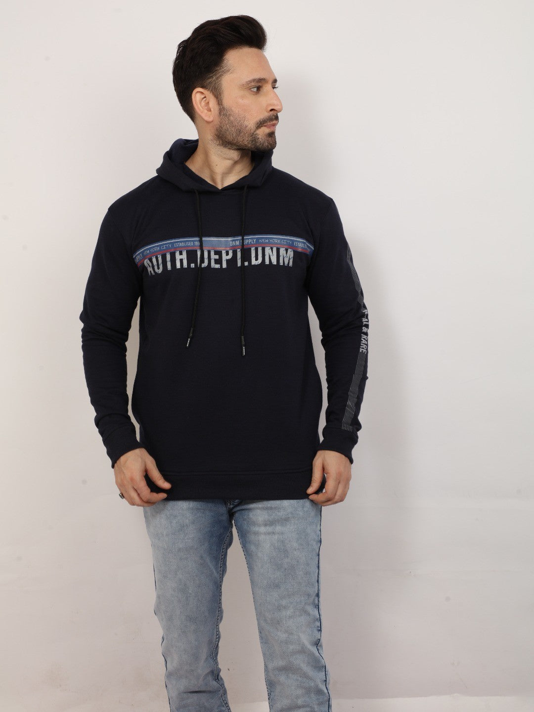 Navy Printed Hooded Sweatshirt