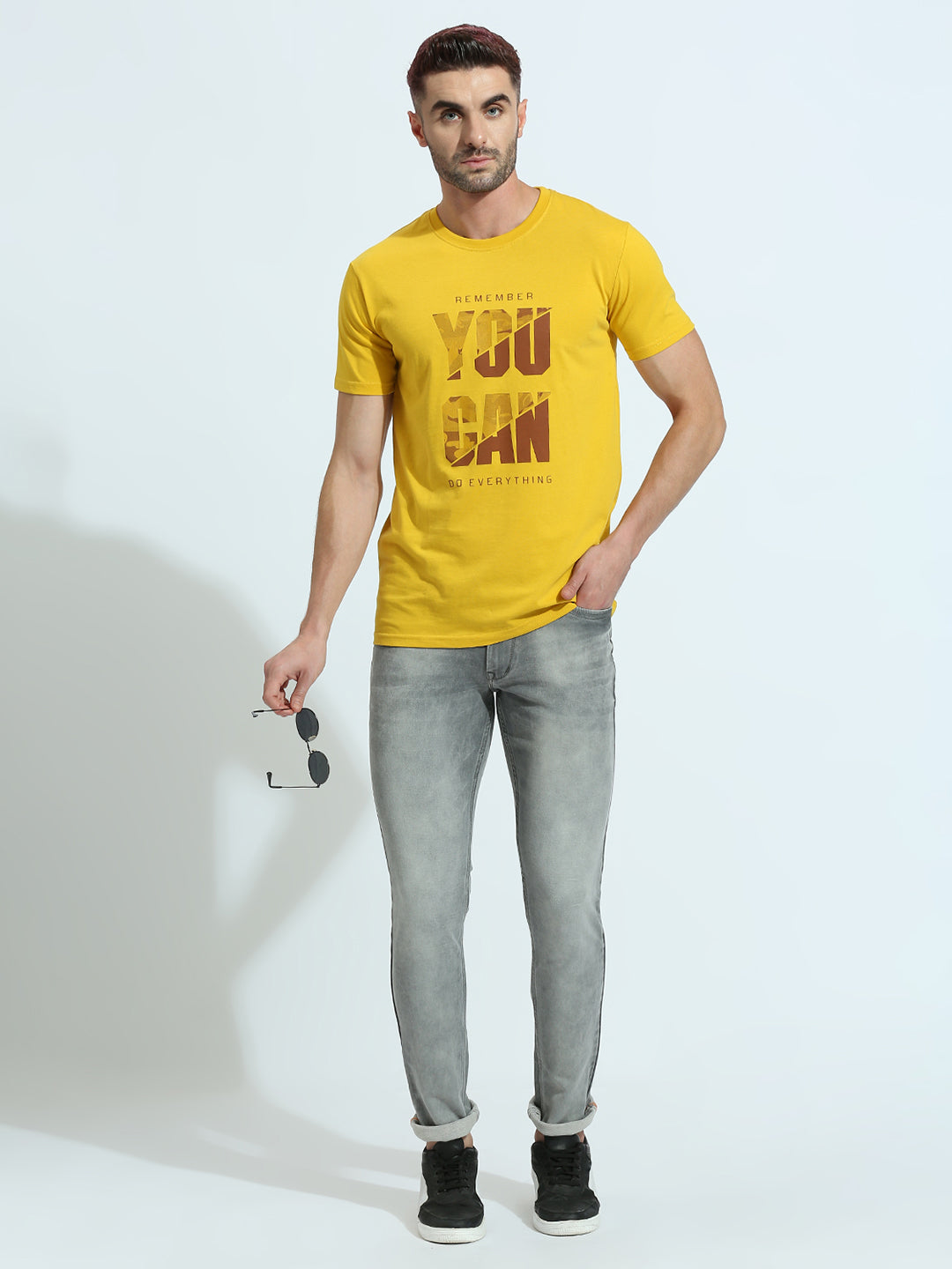 Mustard Printed Regular Fit Half Sleeve T-Shirt